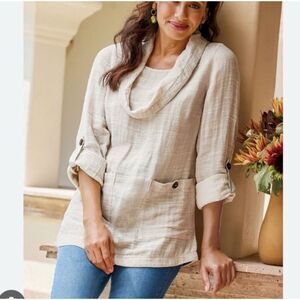 Soft Surroundings Sundown Oatmeal Cowl Funnel Neck Tunic Linen Small #758